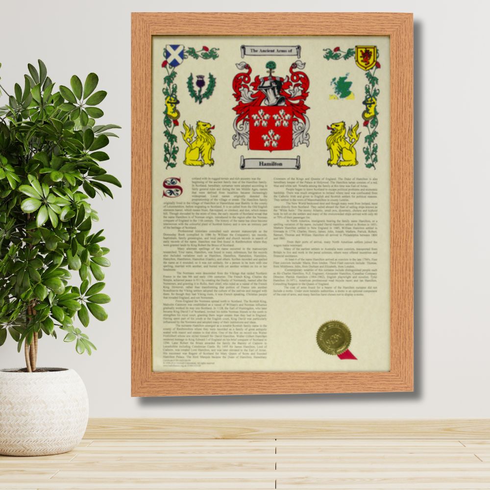 coat of arms surname history with oak frame