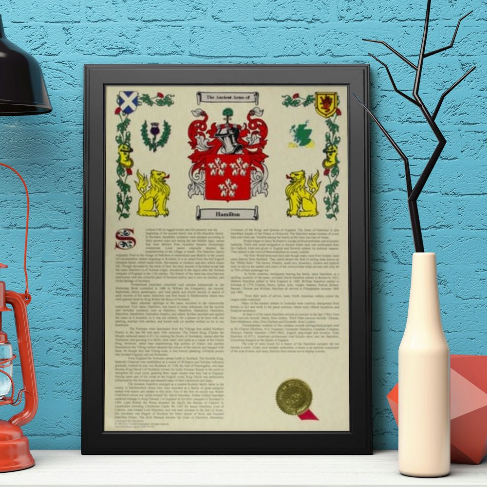 Coat of arms surname history in black frame