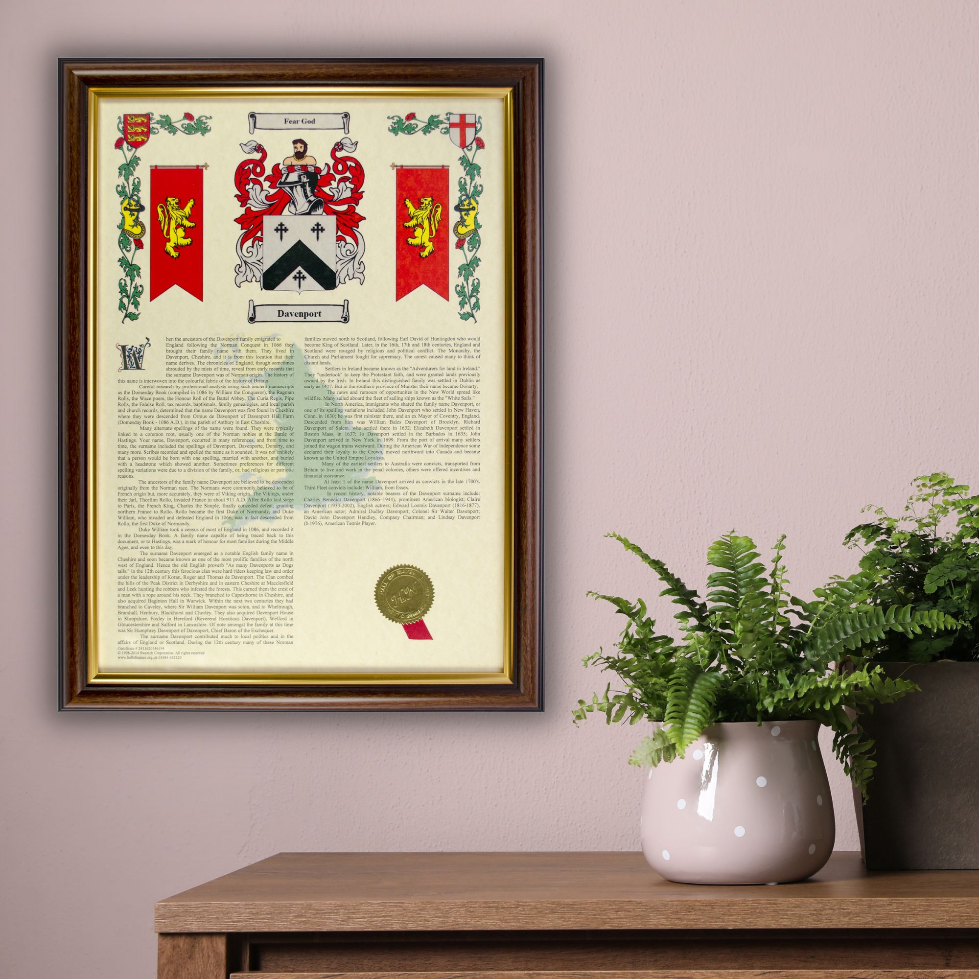 coat of arms surname history with dark and gold frame
