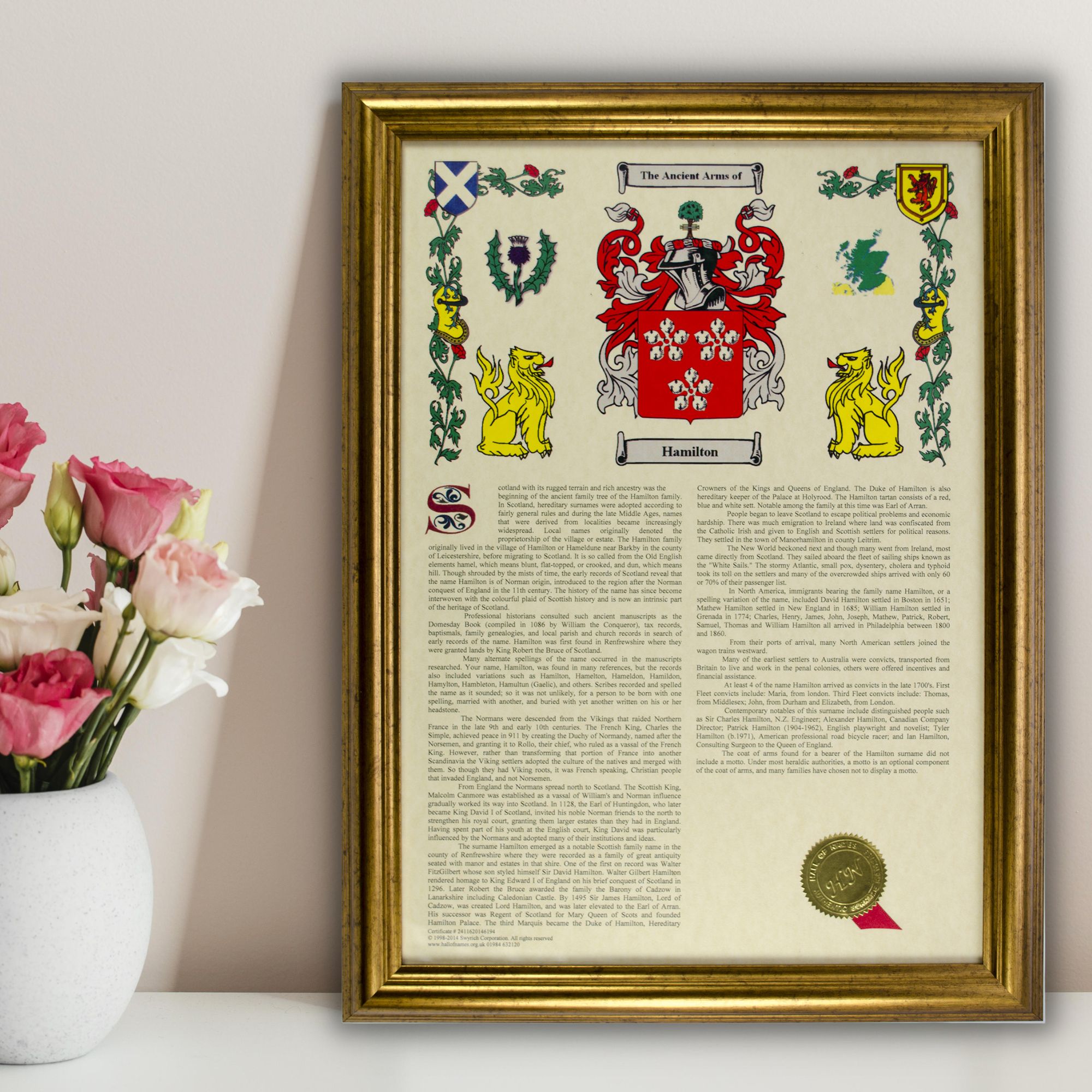 coat of arms surname history with gold frame