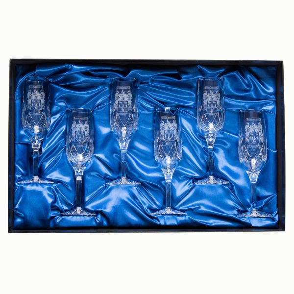 Champagne / Prosecco Crystal Flutes with Coat of Arms