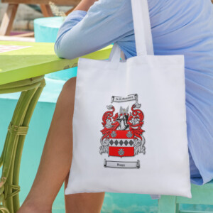 Tote bag with coat of arms and family crest.